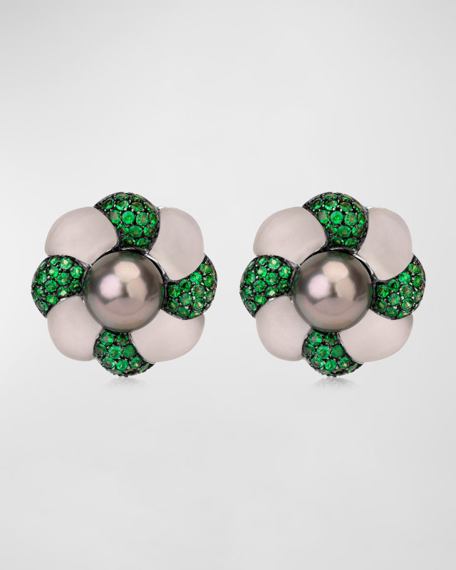 18K White Gold Tsavorite, Crystal and Pearl Flower Earrings